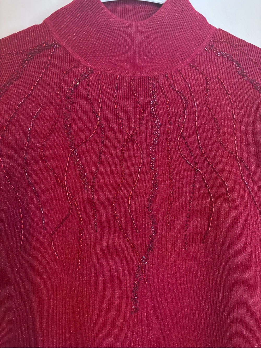 Vintage dressbarn Red StretchTurtleneck Sweater with Beaded Detail Metallic